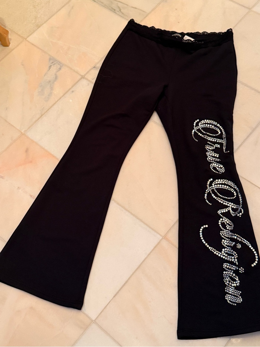 True Religion Black Rhinestone Logo Flare Pants